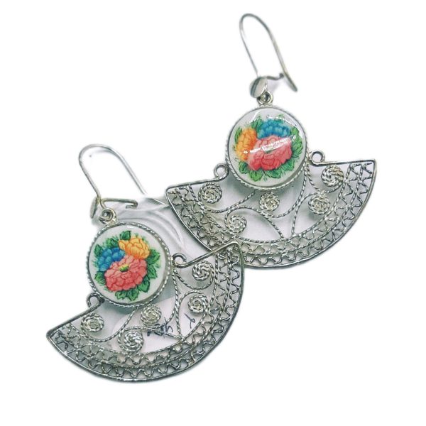 گوشواره استخوانی و دور نقره طرح گل و مرغ-کد1050094